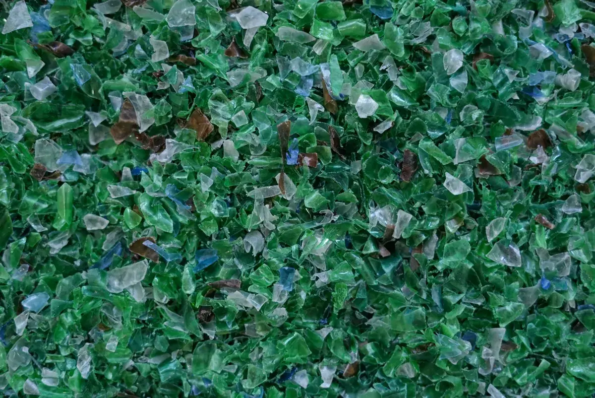 Green rPET flakes close-up
